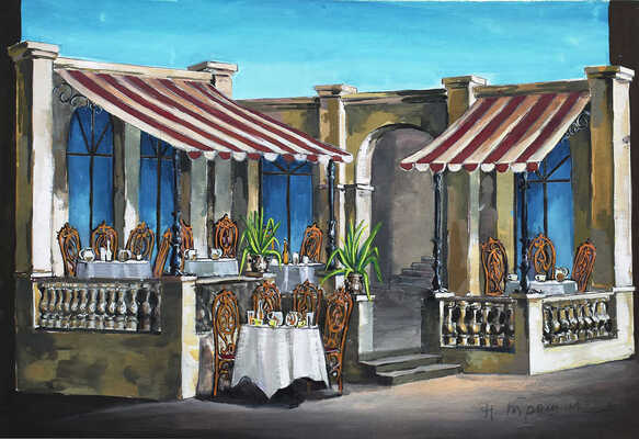 Трошин Николай Степанович. Эскиз декорации с полосатыми маркизами